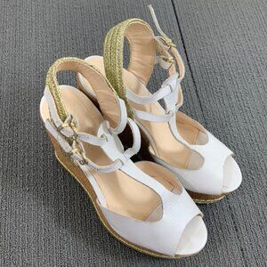 Idore T-Strap Wedge Sandals Womens Size 7 White Gold Rope Glitter Cork Platforms